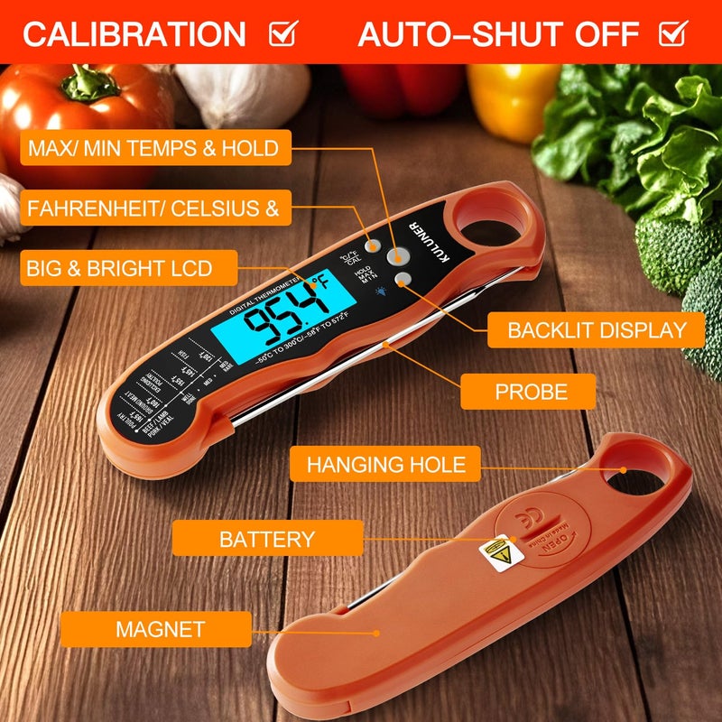 KULUNER TP-01 Waterproof Digital Instant Read Meat Thermometer with 4.6 Folding Probe Backlight Calibration Function for Cooking Food Candy, BBQ Grill, Liquids,Beef(Orange) - Image 4